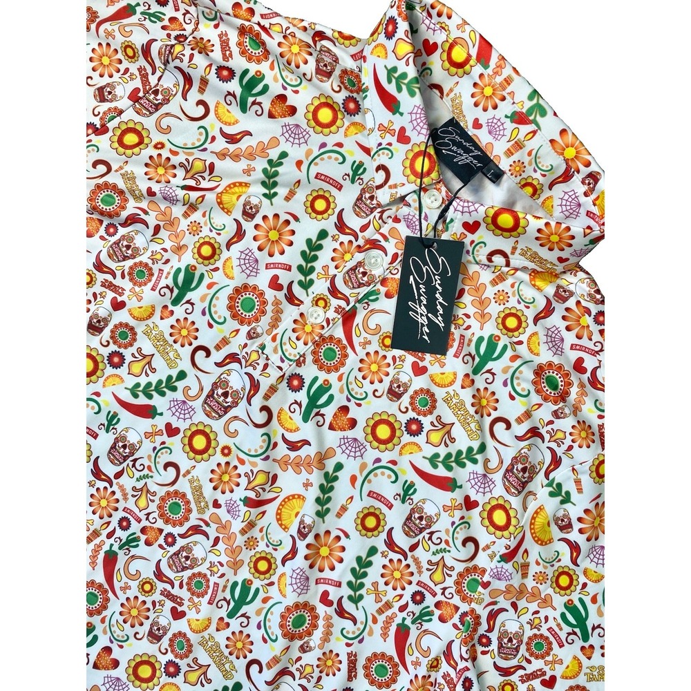 NWT Sunday Swagger Polo Shirt Mens L Multicolor Fiesta Tamarind Skull Golf AOP